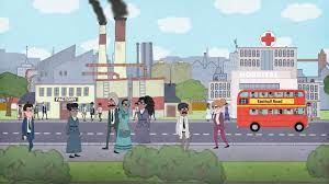 A graphic image of a busy city environment with buses driving past and people walking about.