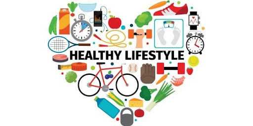 A graphic of different healthy foods and activities forming the shape of a love heart with the words 'Healthy Lifestyle' in the centre.